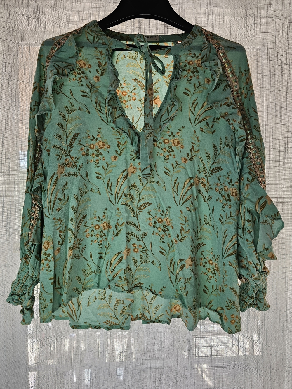Spell Teal Floral Ruffle Tie-Neck Blouse